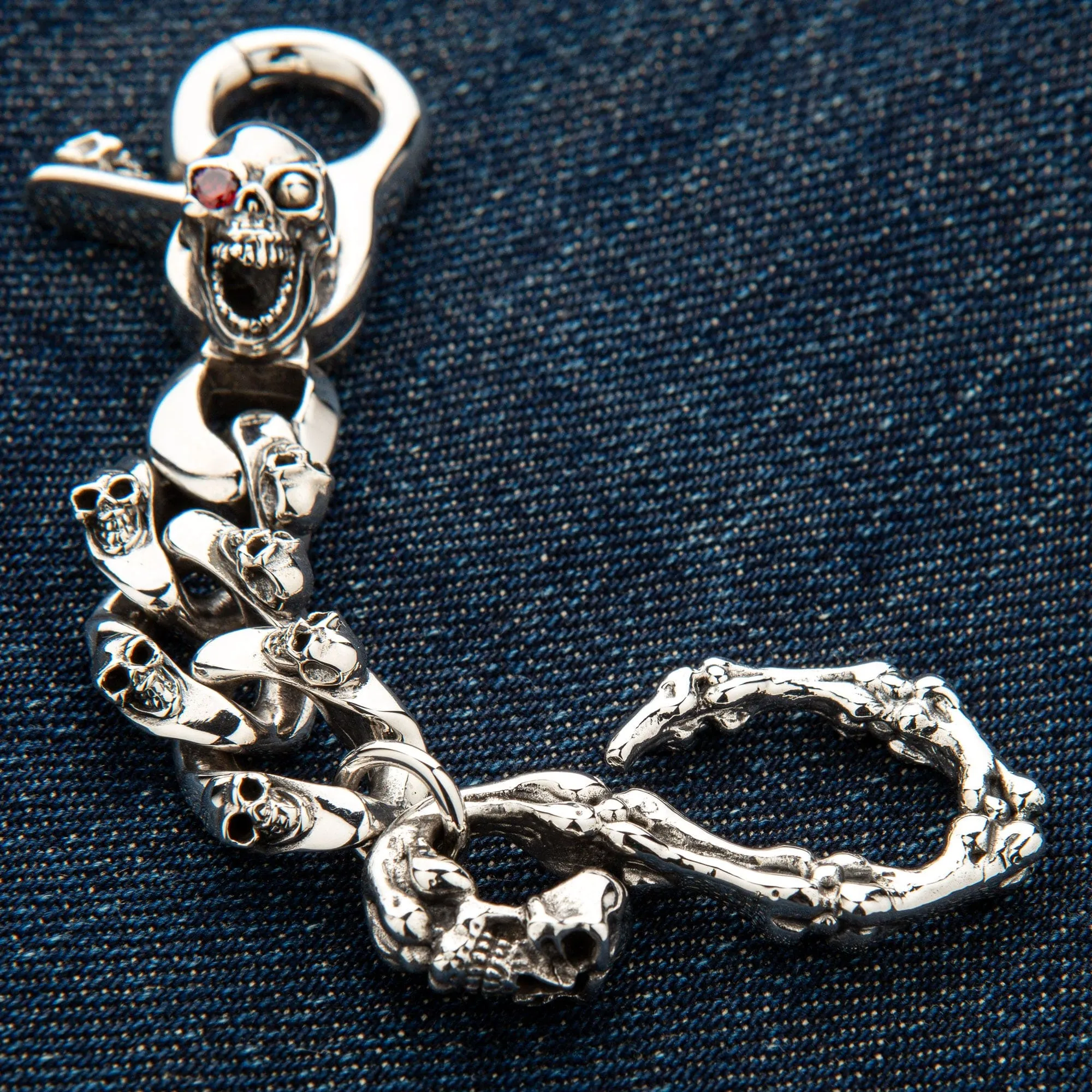 Mad Red Eye Sterling Silver Skull Keychain