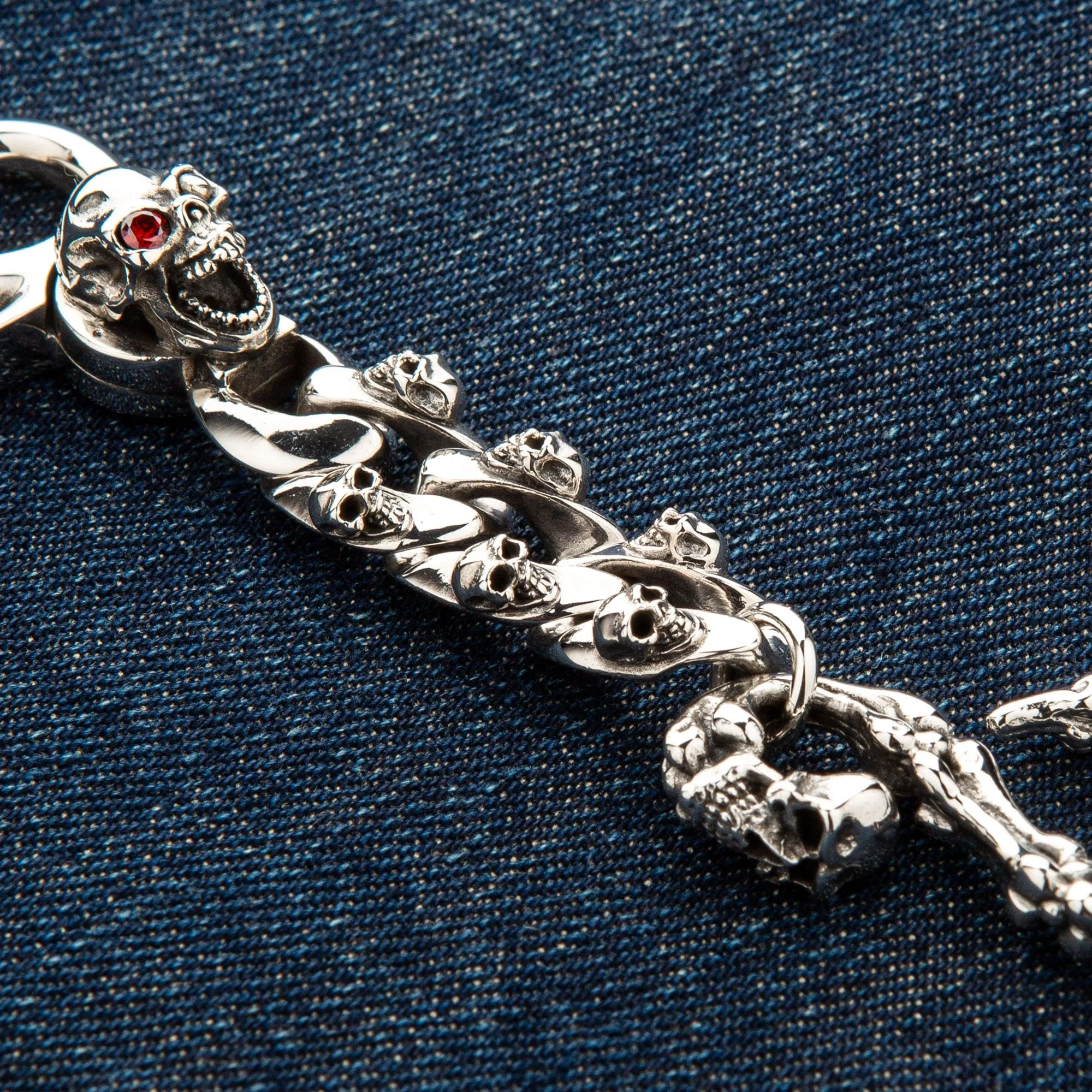 Mad Red Eye Sterling Silver Skull Keychain