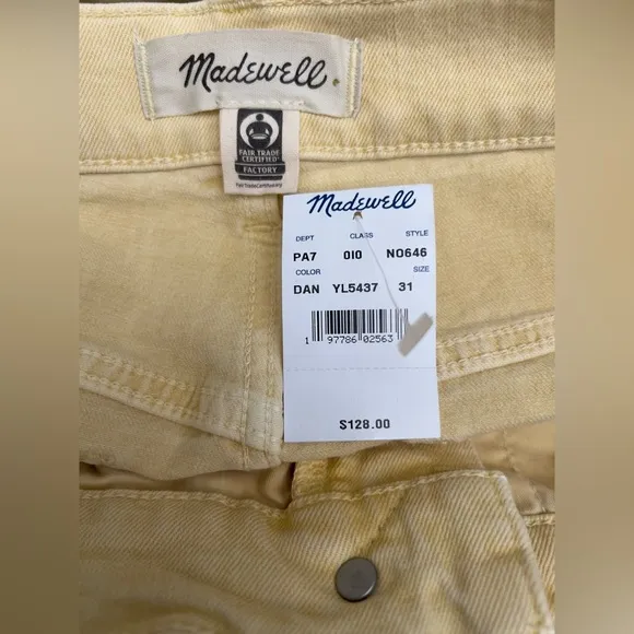 Madewell The '90s Straight Jean Pastel Light Butter Yellow Wash Size W31 NWT