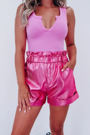 Malta Metallic Ruffle Waist Shorts - Pink