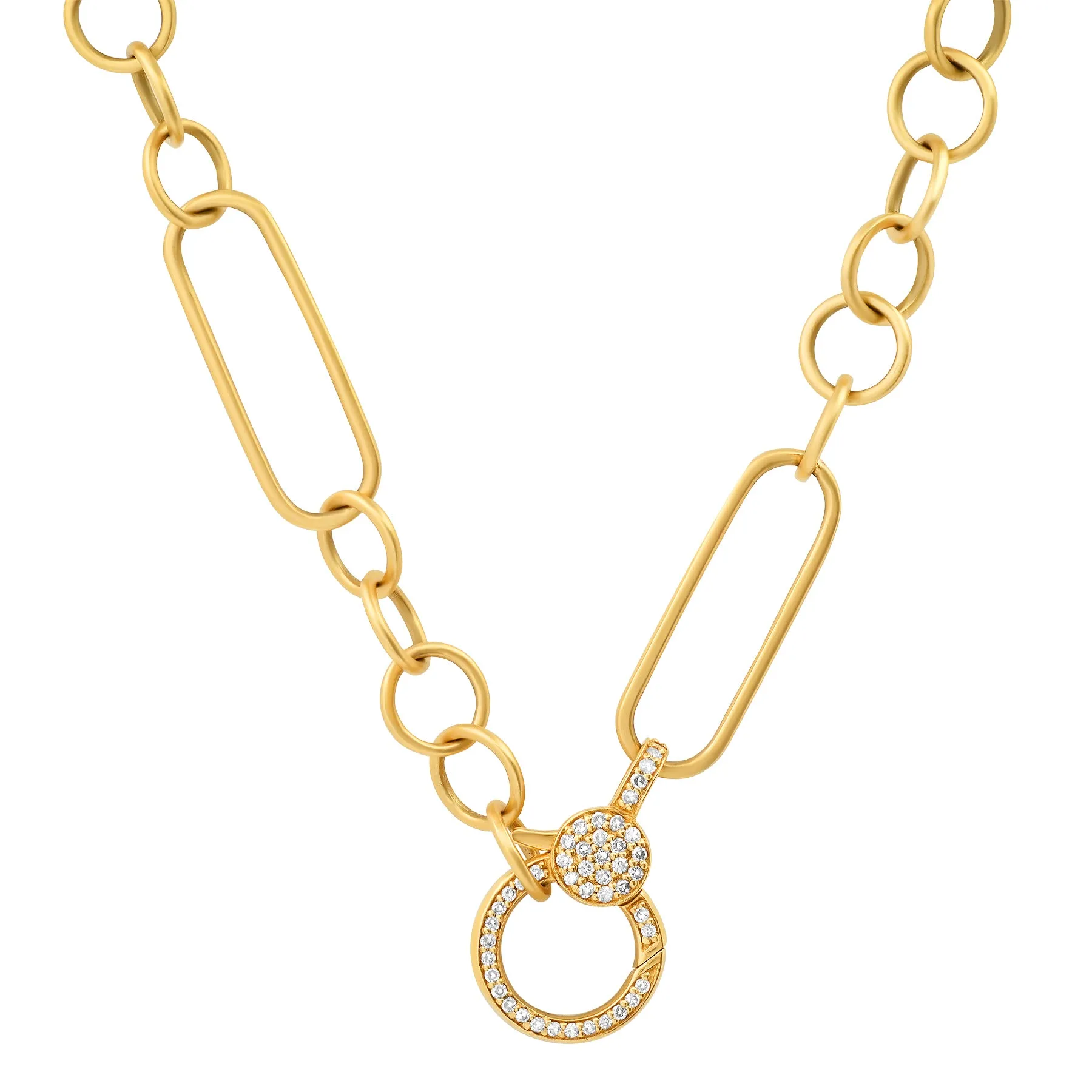 MATTE PAPERCLIP AND CIRCLE CHAIN W/PAVE DIAMOND ENHANCER W/ PINK RHODOCHROSITE AND DIAMOND EGG CAGE, 14kt GOLD