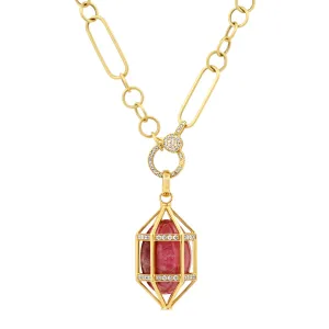 MATTE PAPERCLIP AND CIRCLE CHAIN W/PAVE DIAMOND ENHANCER W/ PINK RHODOCHROSITE AND DIAMOND EGG CAGE, 14kt GOLD