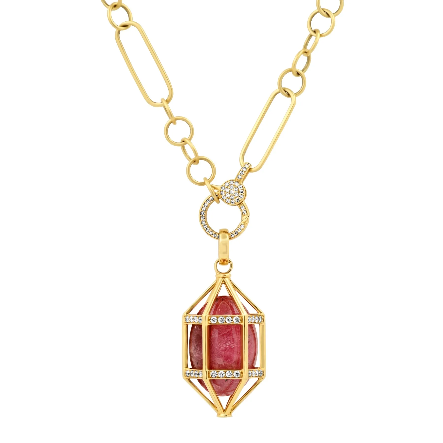 MATTE PAPERCLIP AND CIRCLE CHAIN W/PAVE DIAMOND ENHANCER W/ PINK RHODOCHROSITE AND DIAMOND EGG CAGE, 14kt GOLD