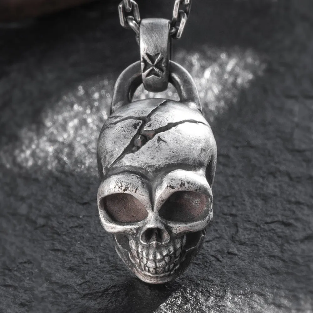 Men's Real Solid 999 Sterling Silver Pendants Skull Crack Punk Jewelry