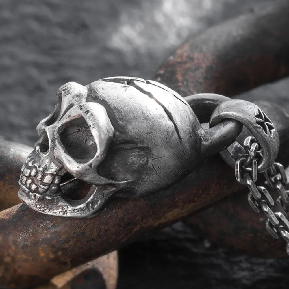 Men's Real Solid 999 Sterling Silver Pendants Skull Crack Punk Jewelry