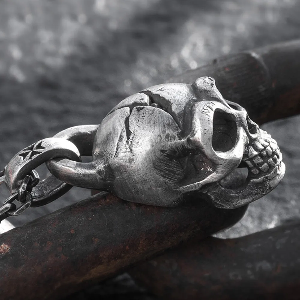 Men's Real Solid 999 Sterling Silver Pendants Skull Crack Punk Jewelry