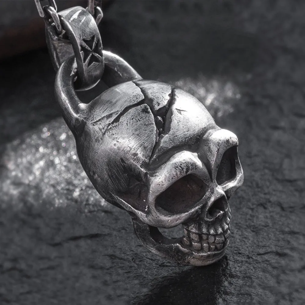 Men's Real Solid 999 Sterling Silver Pendants Skull Crack Punk Jewelry