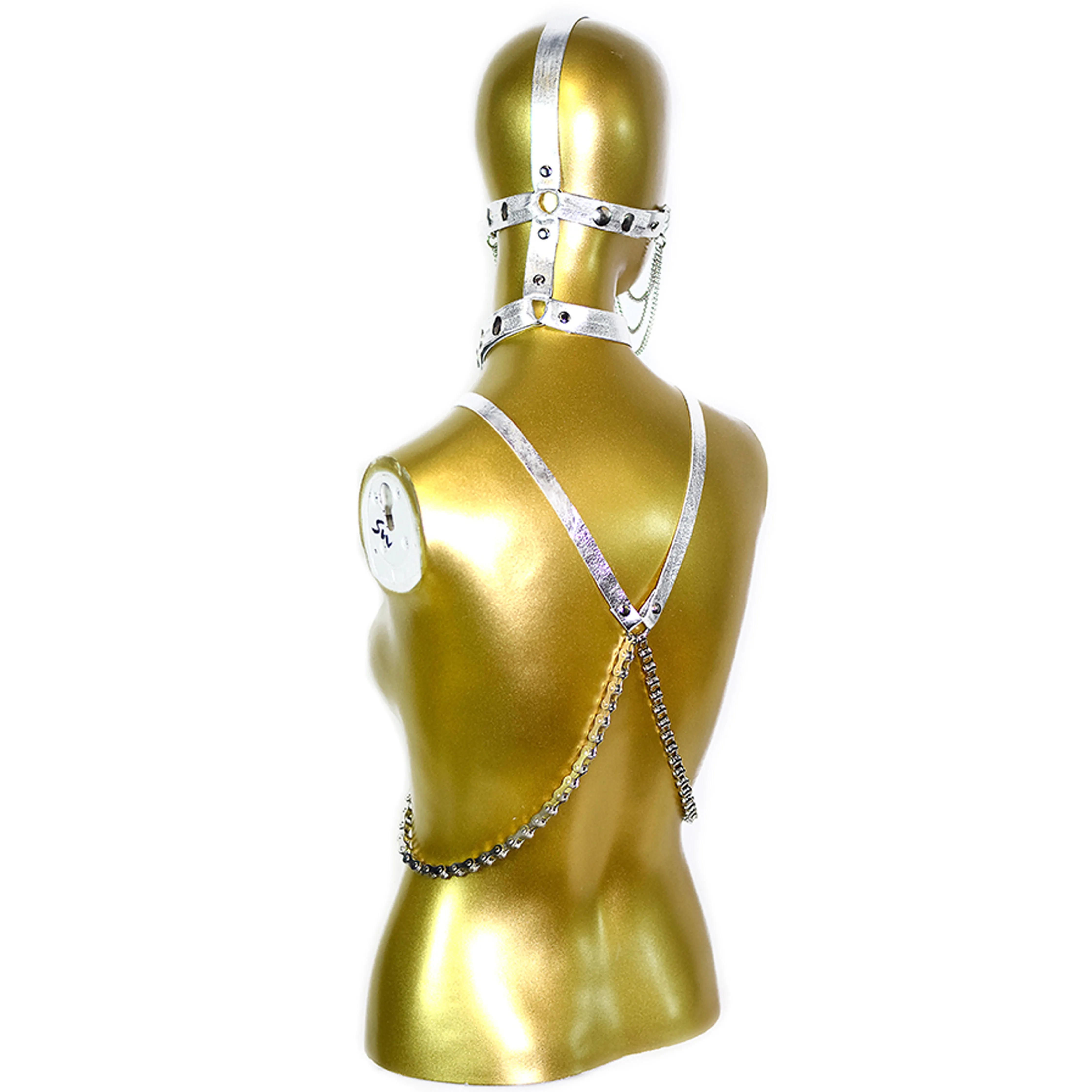 Metallic Silver Harness with Silver Bike Chain Chest Harness, Leather Harness, Head Harness and Choker(HHCCH001)