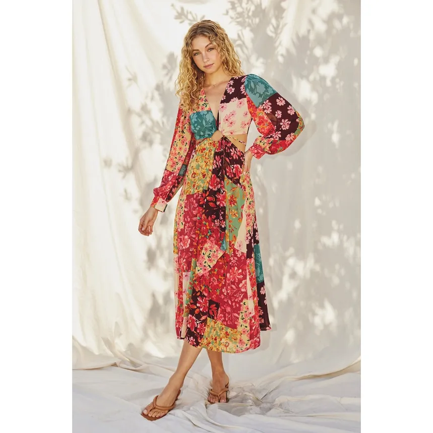Mon Cheri Floral Pleated Cutout Midi Dress