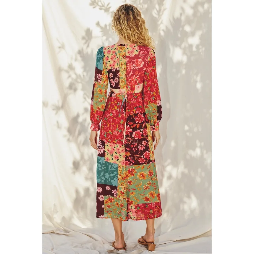 Mon Cheri Floral Pleated Cutout Midi Dress