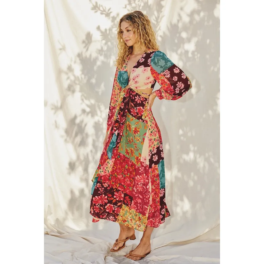 Mon Cheri Floral Pleated Cutout Midi Dress