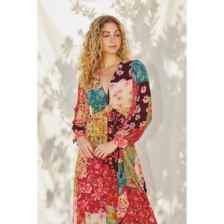Mon Cheri Floral Pleated Cutout Midi Dress