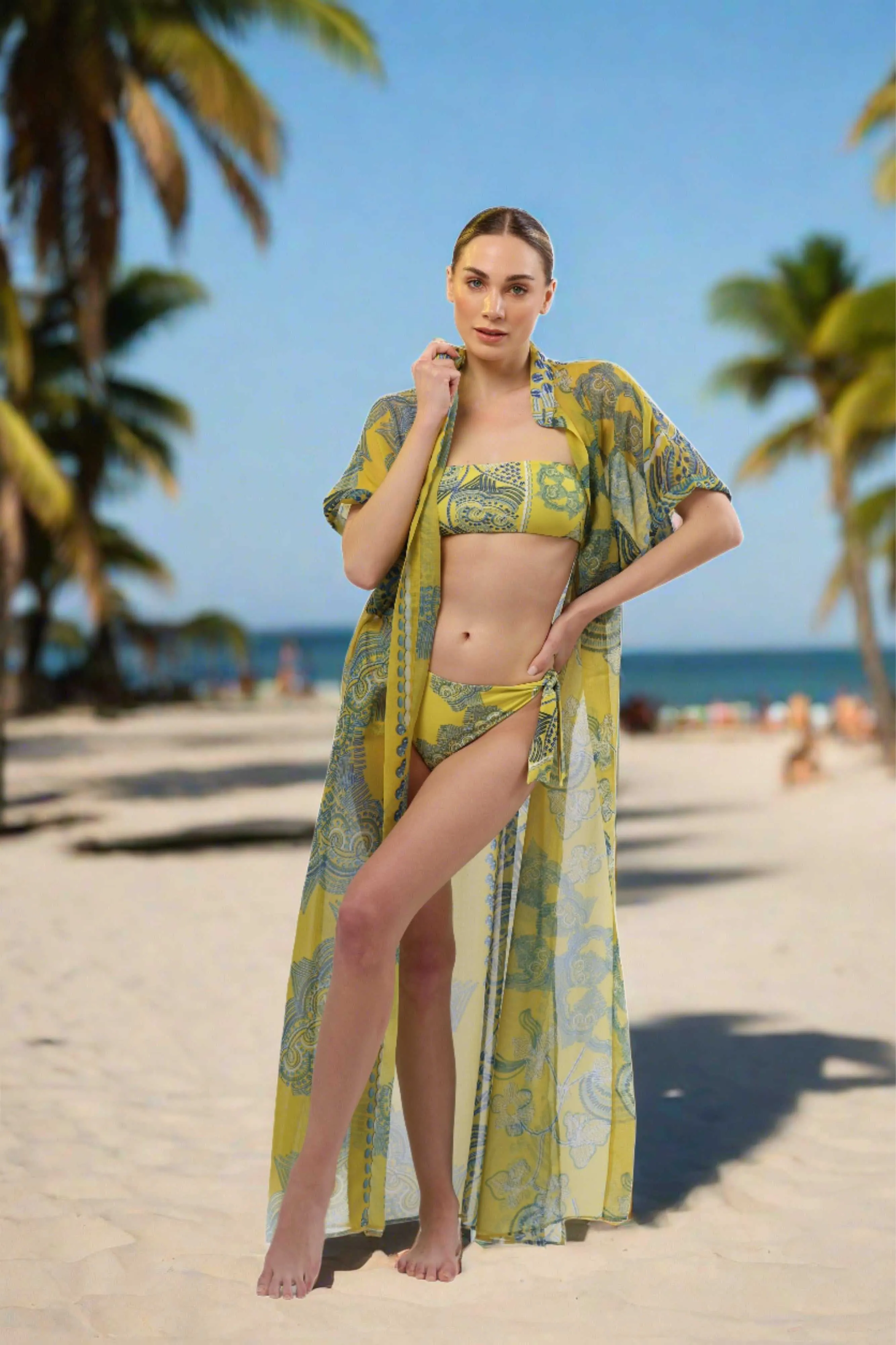 Monaco Kimono – Sheer Maxi Cover-Up in Yellow & Blue Print | Luxury Resortwear 2025