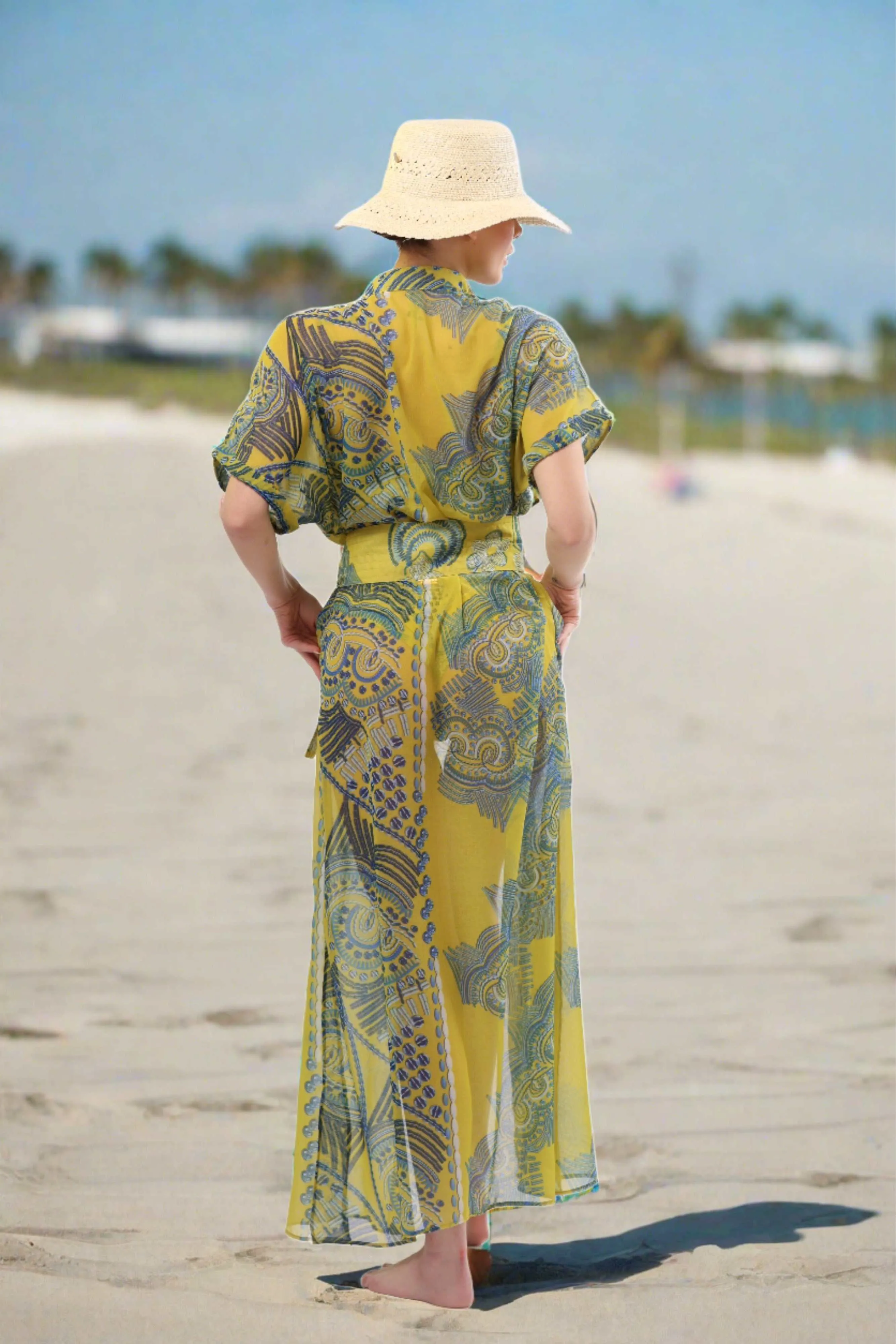 Monaco Kimono – Sheer Maxi Cover-Up in Yellow & Blue Print | Luxury Resortwear 2025