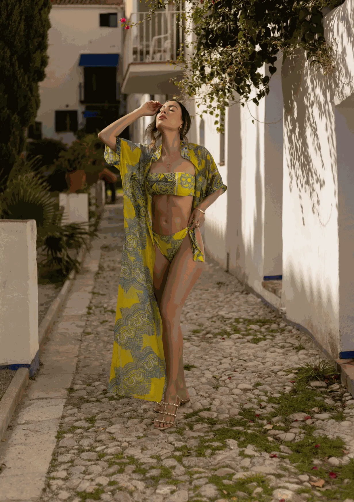Monaco Kimono – Sheer Maxi Cover-Up in Yellow & Blue Print | Luxury Resortwear 2025