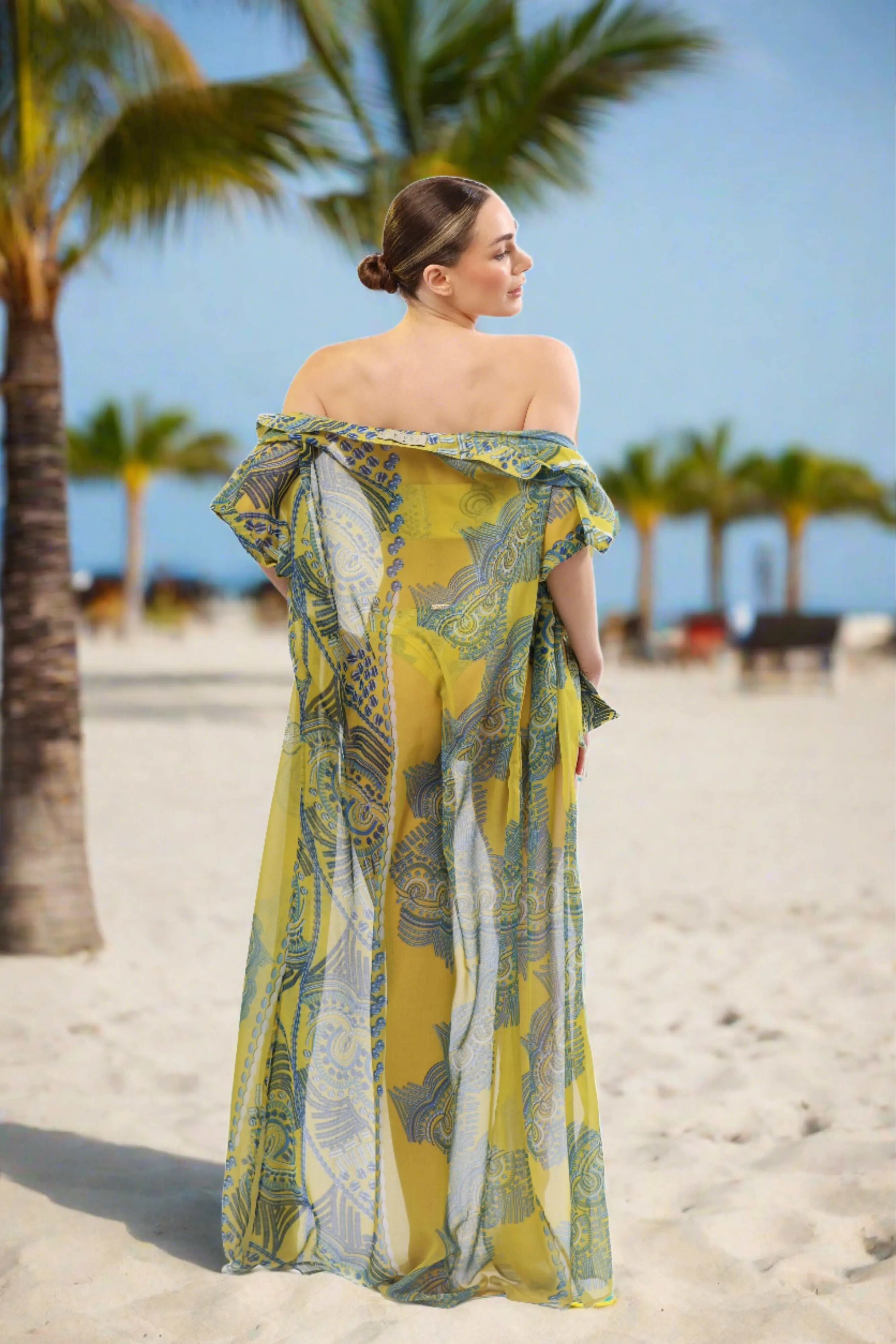Monaco Kimono – Sheer Maxi Cover-Up in Yellow & Blue Print | Luxury Resortwear 2025