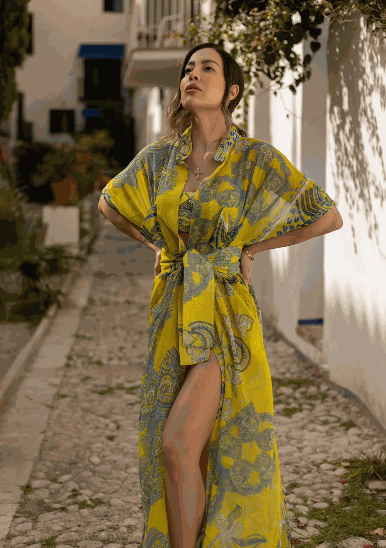 Monaco Kimono – Sheer Maxi Cover-Up in Yellow & Blue Print | Luxury Resortwear 2025