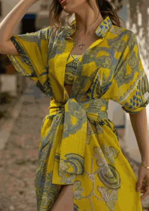 Monaco Kimono – Sheer Maxi Cover-Up in Yellow & Blue Print | Luxury Resortwear 2025