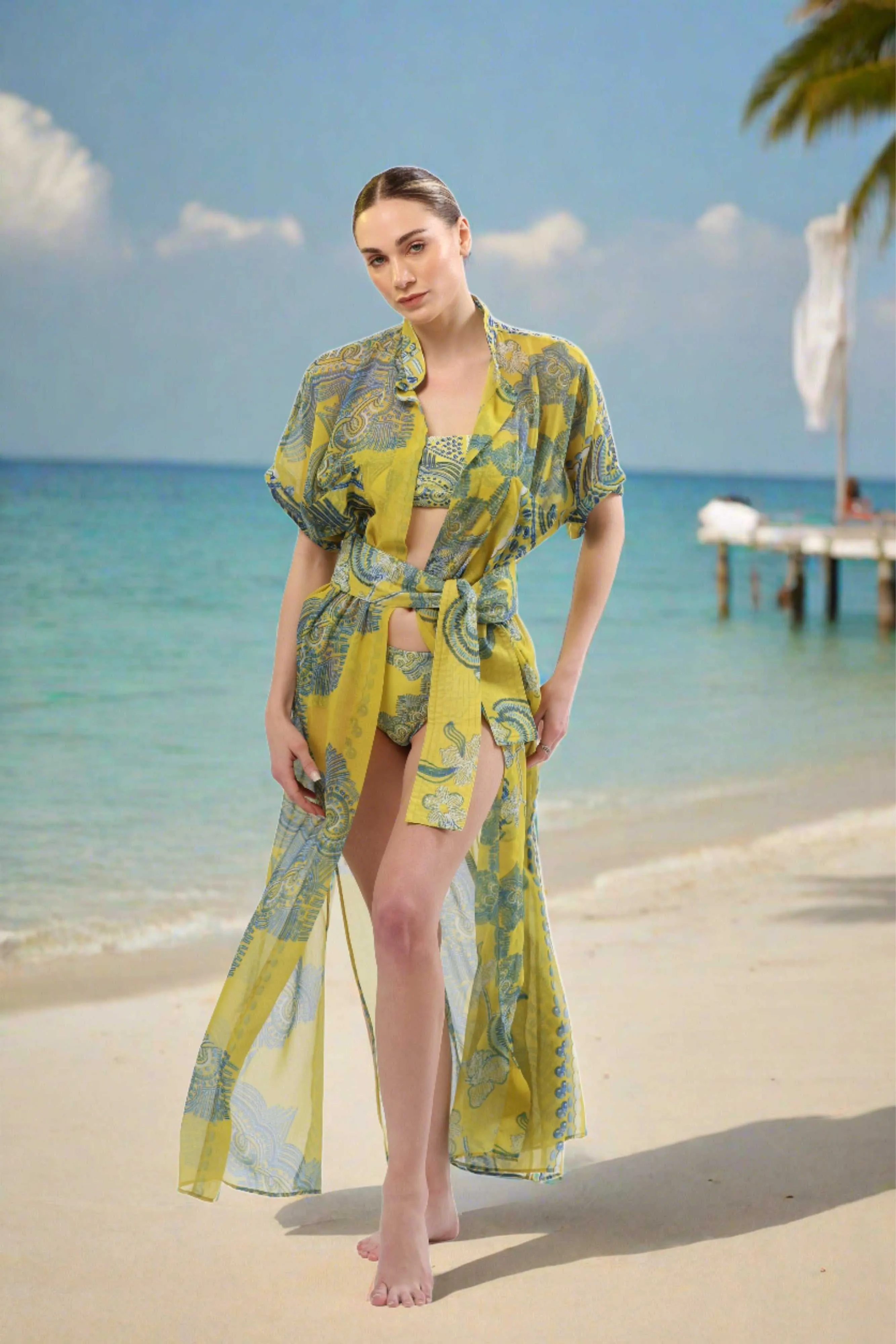 Monaco Kimono – Sheer Maxi Cover-Up in Yellow & Blue Print | Luxury Resortwear 2025