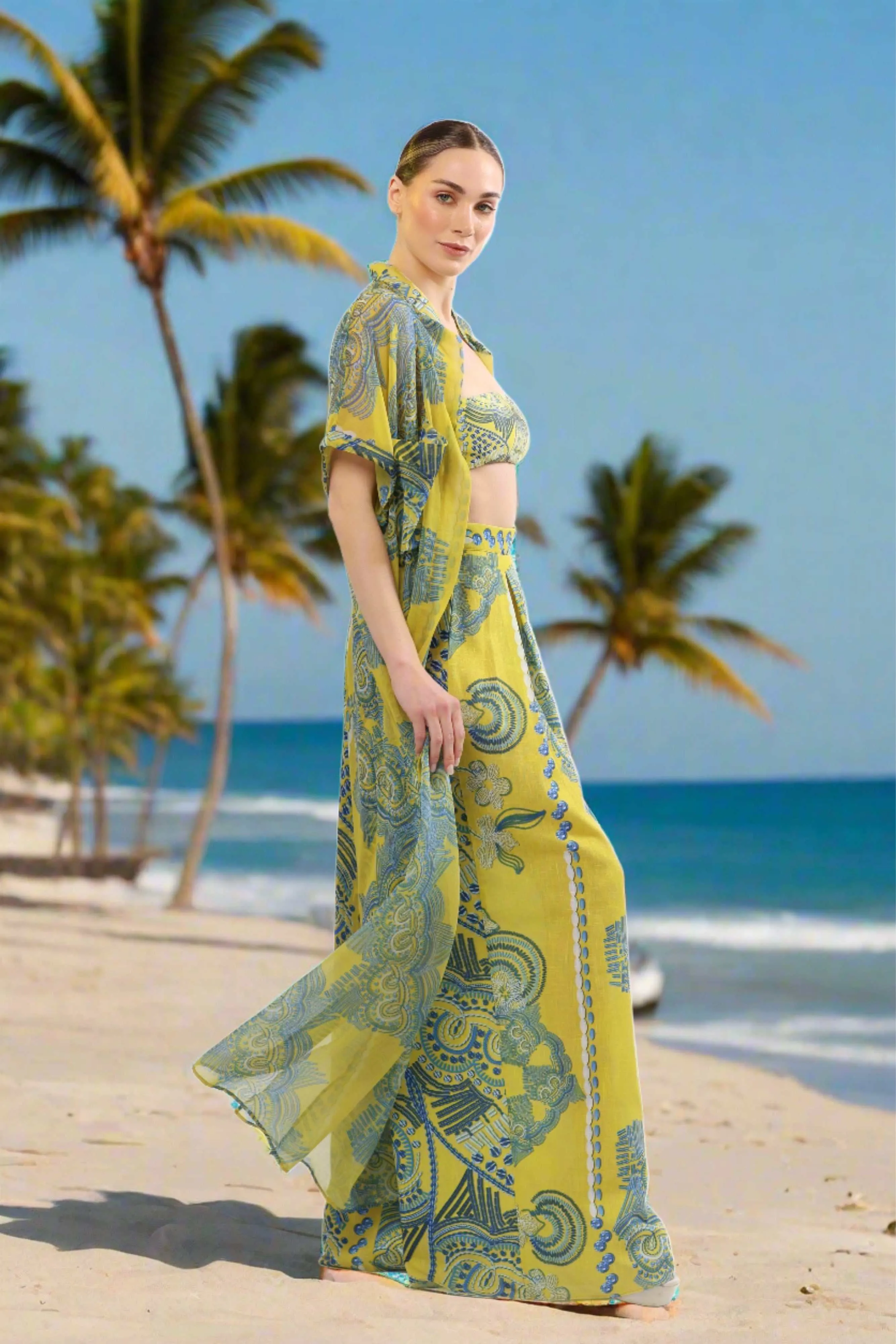 Monaco Kimono – Sheer Maxi Cover-Up in Yellow & Blue Print | Luxury Resortwear 2025