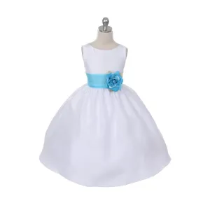 Morgan - Bridal Ivory or White - Aqua Sash and Flower