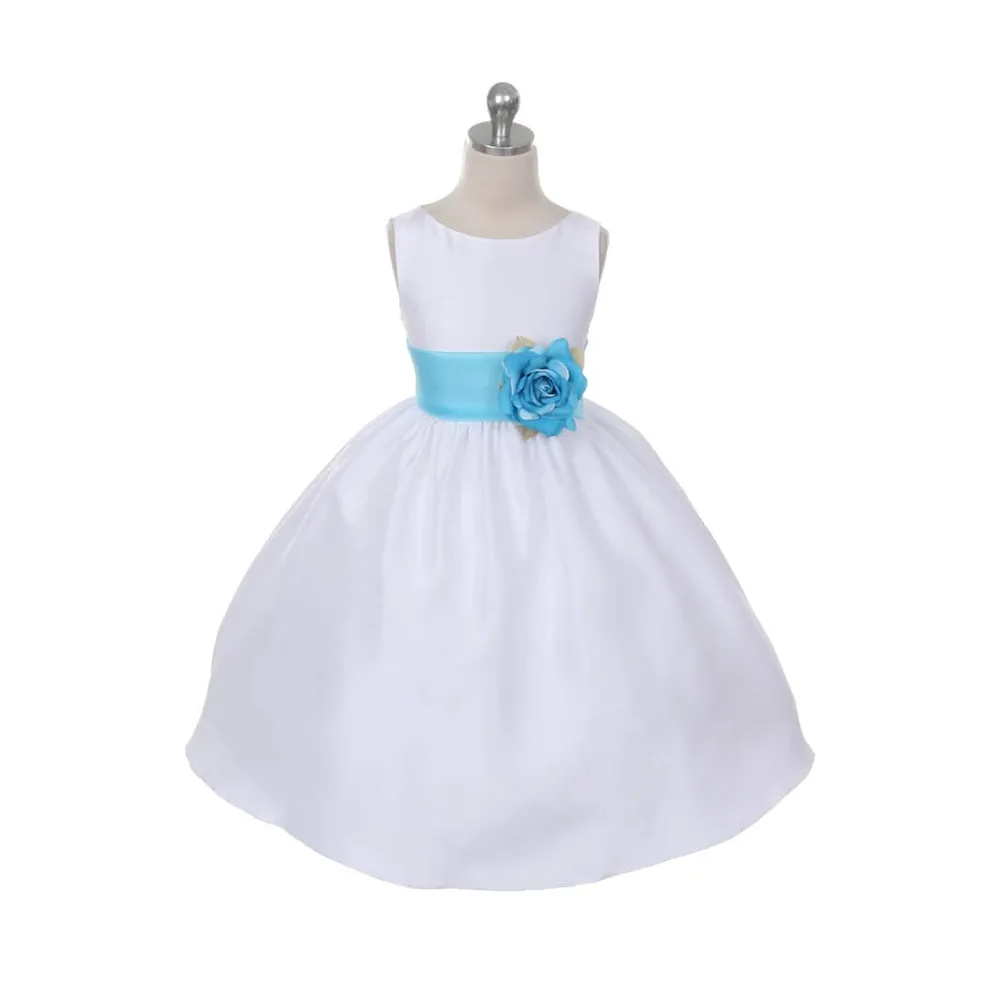 Morgan - Bridal Ivory or White - Aqua Sash and Flower