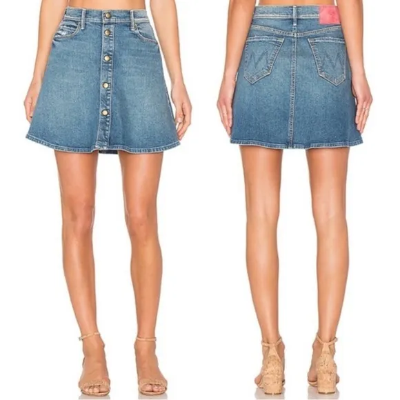 MOTHER x Miranda Kerr The Snap Down Mini Flare Jean Skirt High Spirits Blue