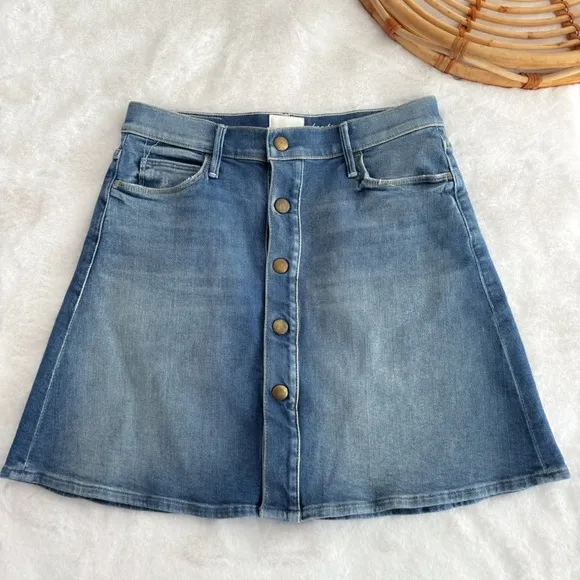 MOTHER x Miranda Kerr The Snap Down Mini Flare Jean Skirt High Spirits Blue