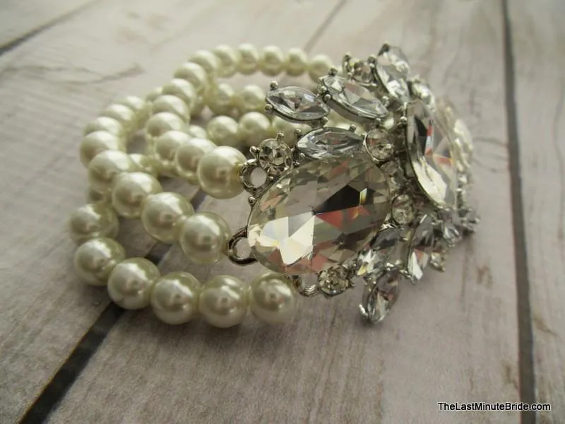 Multi Strand Pearl and Crystal Bridal Bracelet