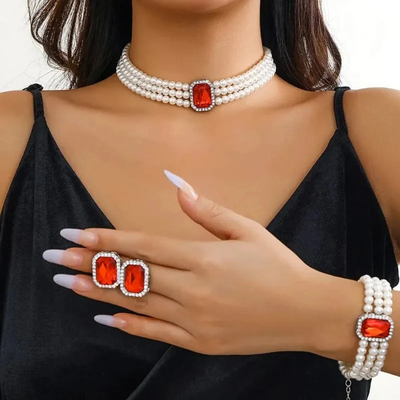 Multilayer Pearl Chain Necklace Bracelet Set for Women Wedding Jewelry Set