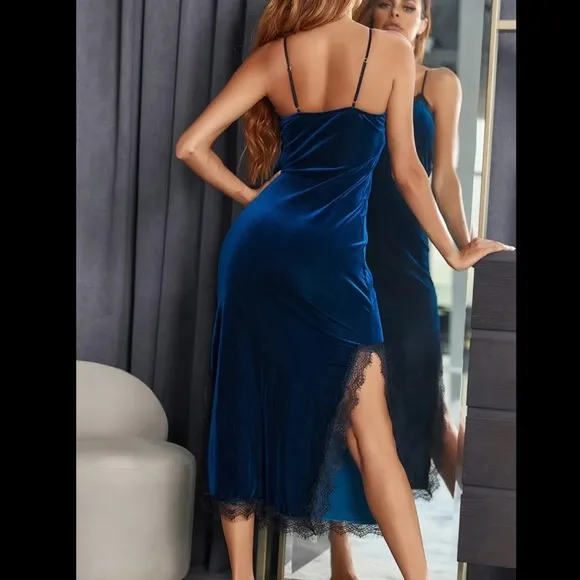 Navy Blue Velvet Lace Trim Night Gown Dress