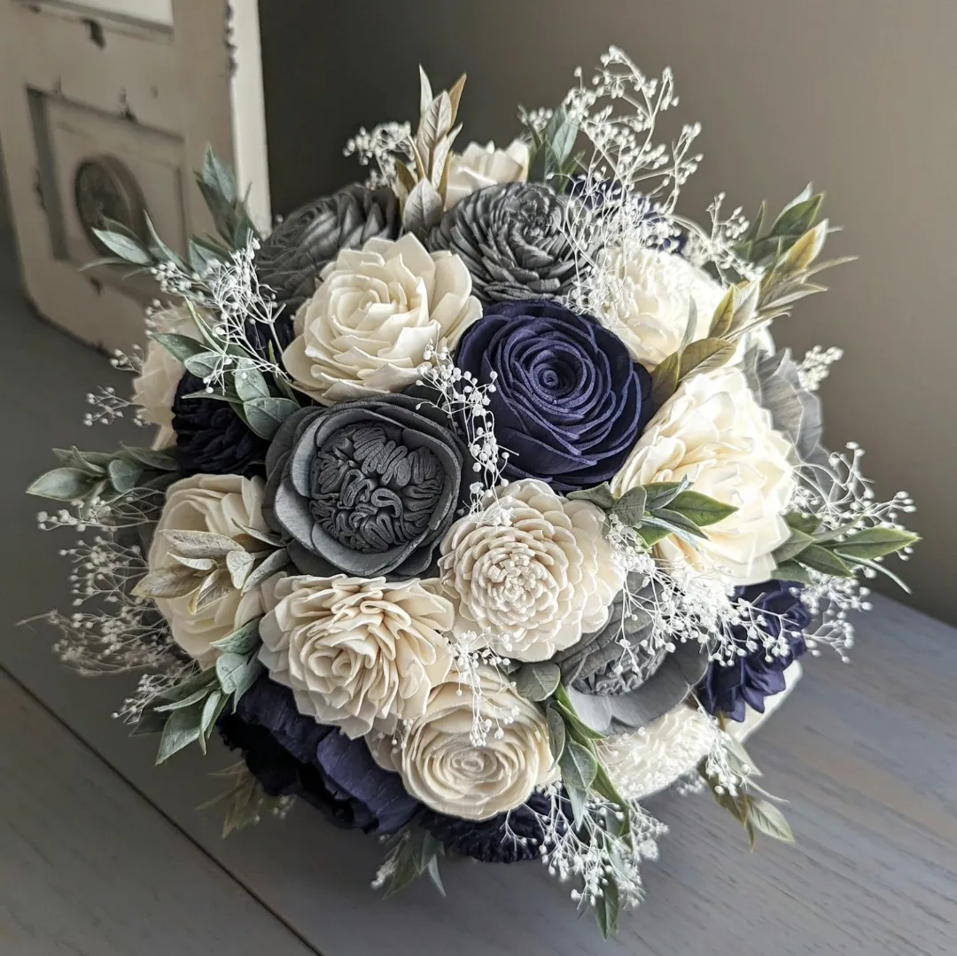 Navy, Charcoal, and Ivory Bouquet with Baby's Breath and Greenery