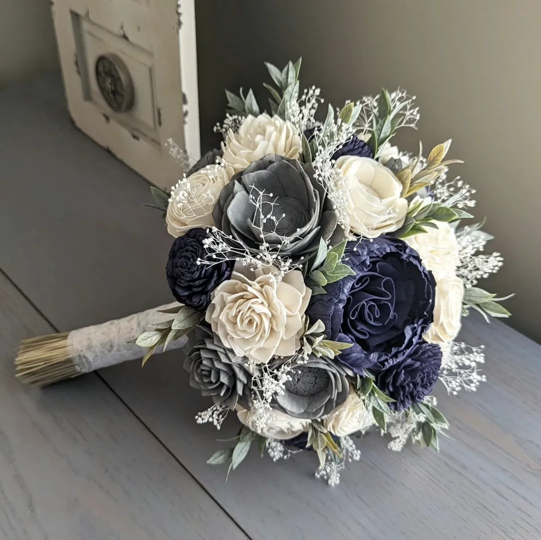 Navy, Charcoal, and Ivory Bouquet with Baby's Breath and Greenery