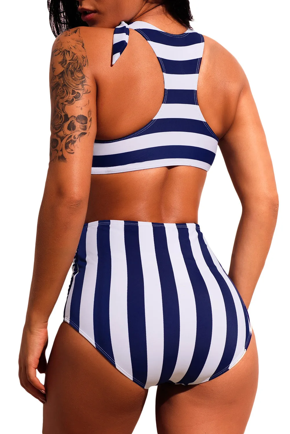 Navy Striped Tie Shoulder 2pcs High Waist Swimsuit