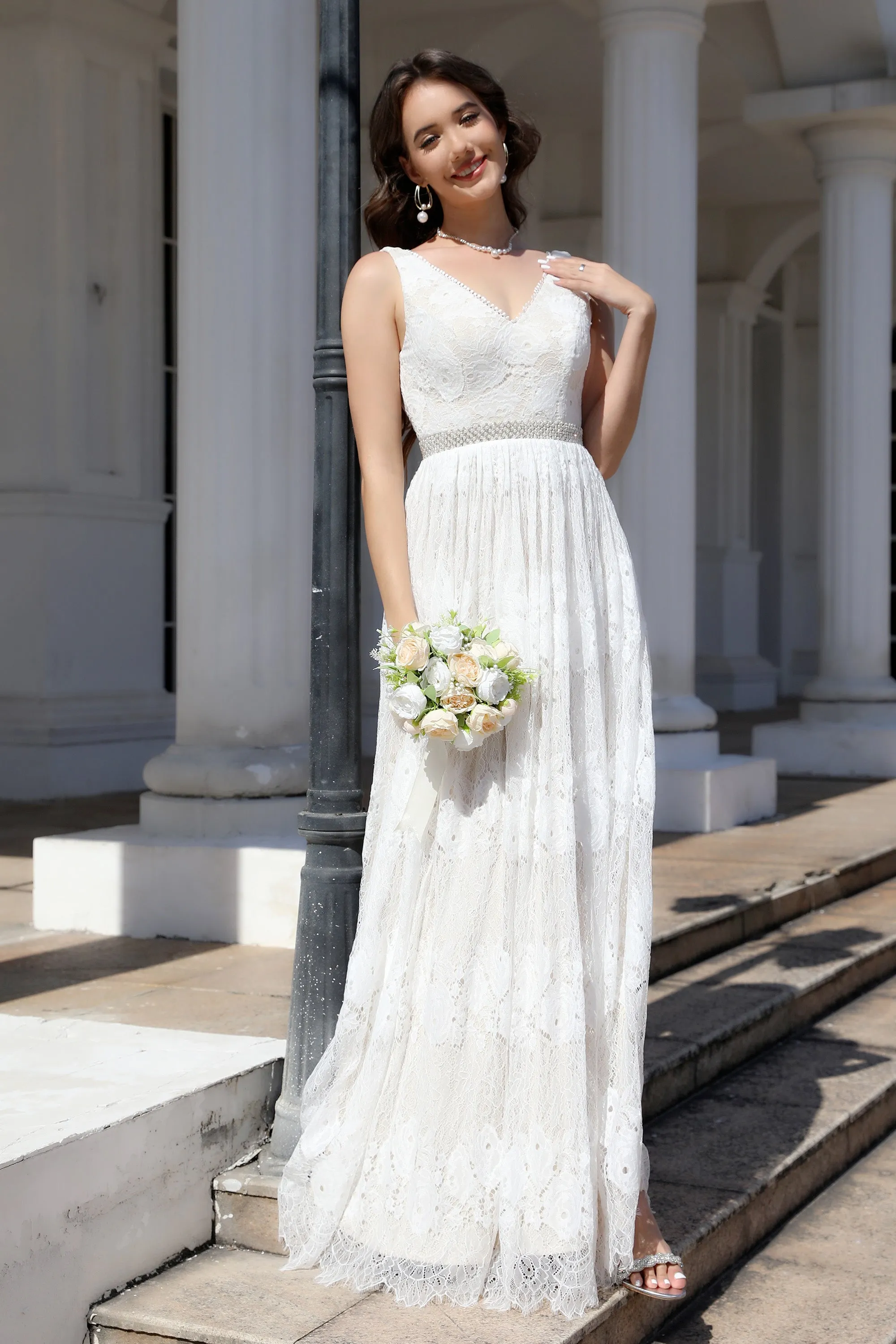 New Arrival Ivory Lace Sleeveless A Line Floor Length Bridal Gown