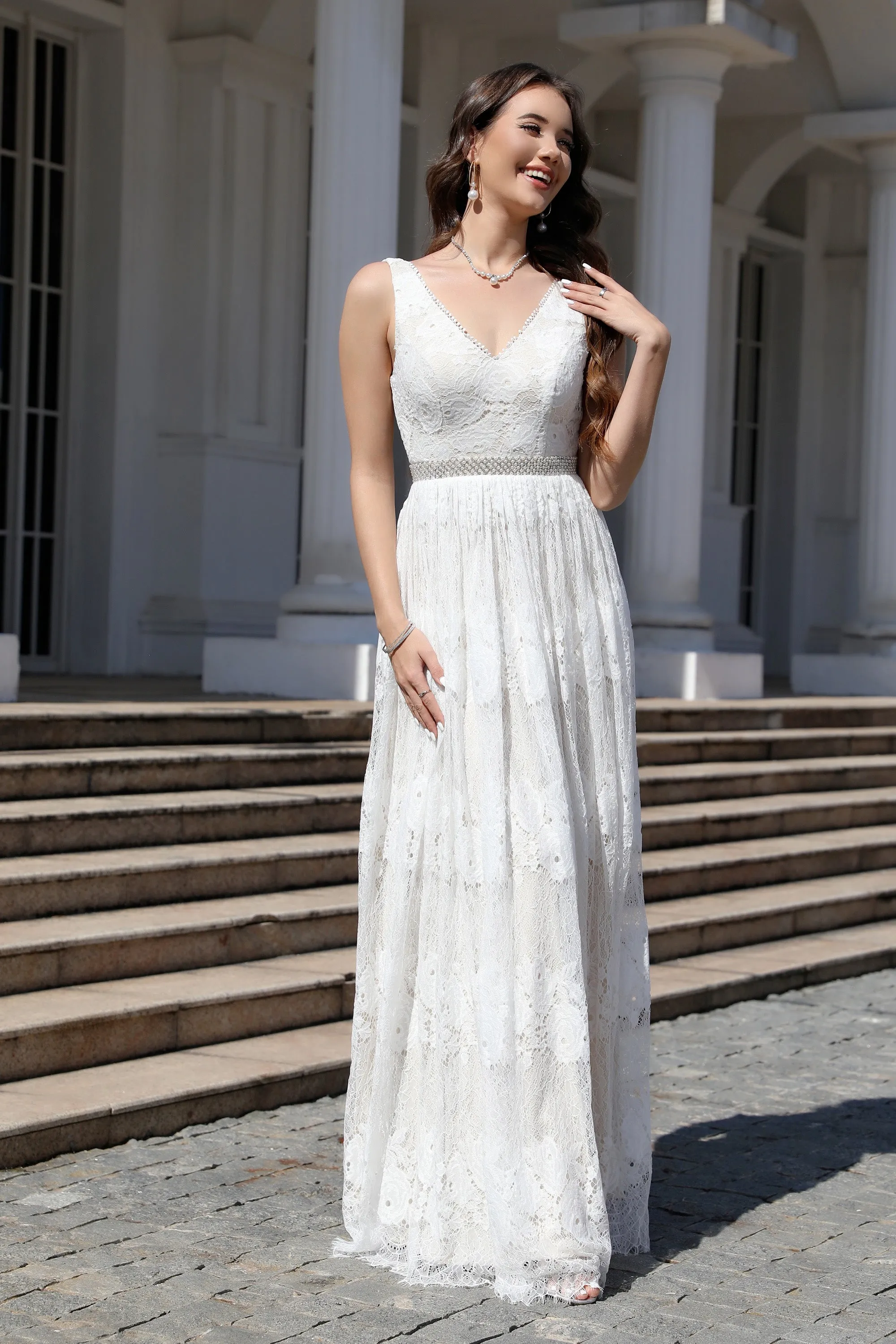 New Arrival Ivory Lace Sleeveless A Line Floor Length Bridal Gown