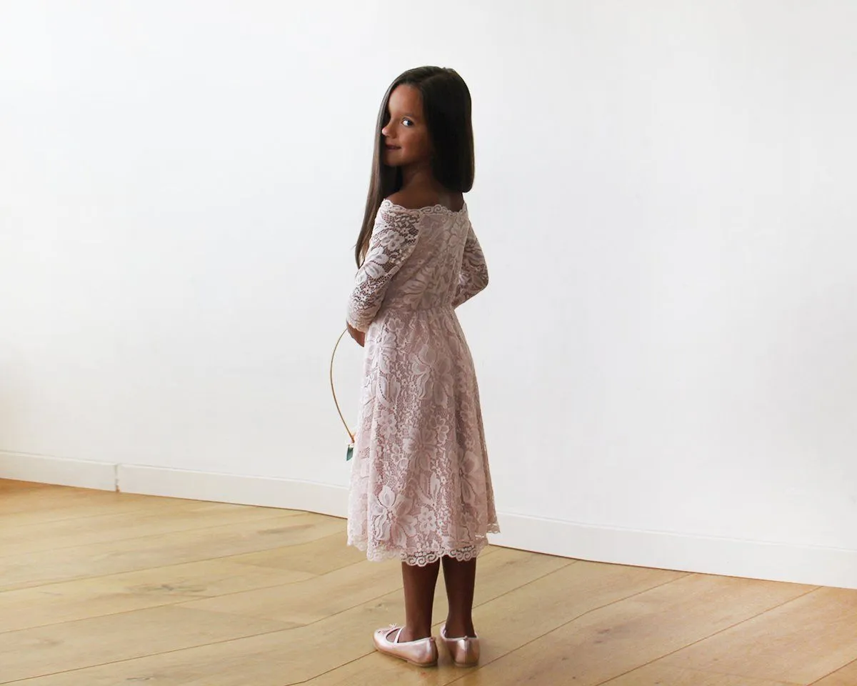 Off-The-Shoulder Pink Lace Midi Girls Dress #5042