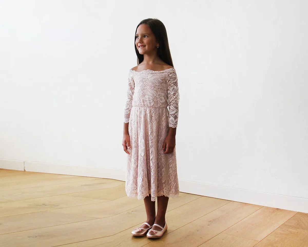 Off-The-Shoulder Pink Lace Midi Girls Dress #5042