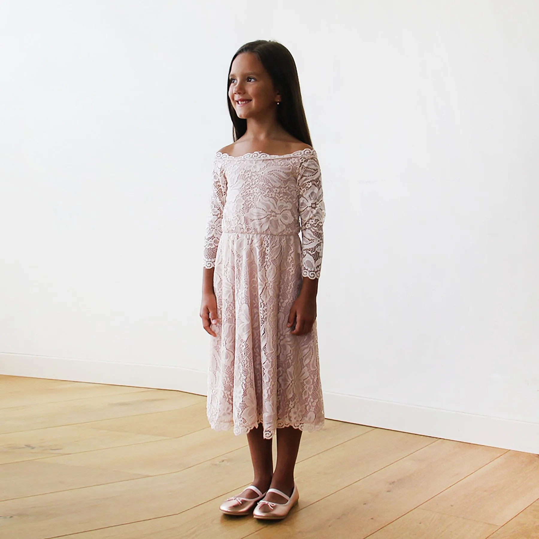 Off-The-Shoulder Pink Lace Midi Girls Dress #5042