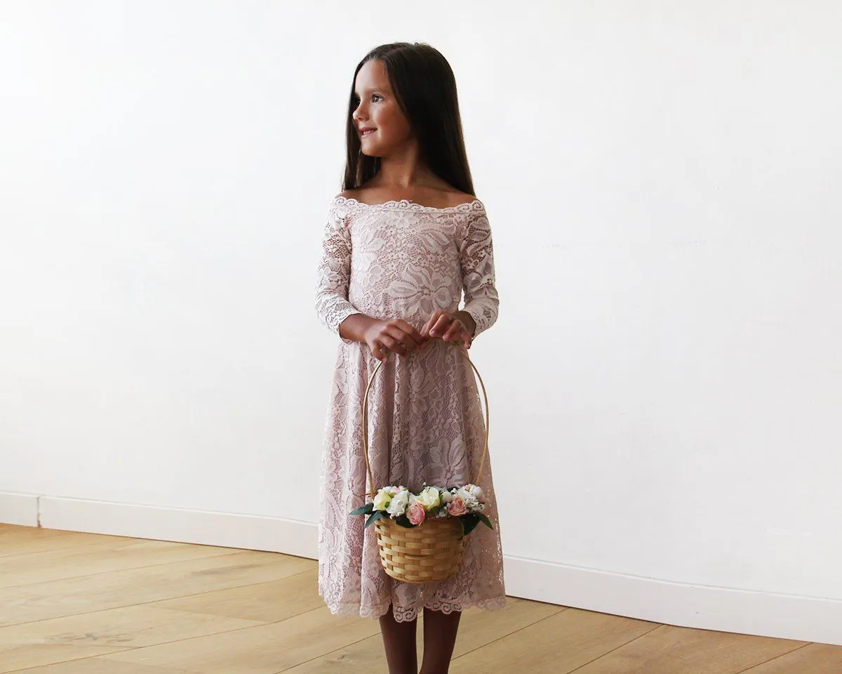 Off-The-Shoulder Pink Lace Midi Girls Dress #5042