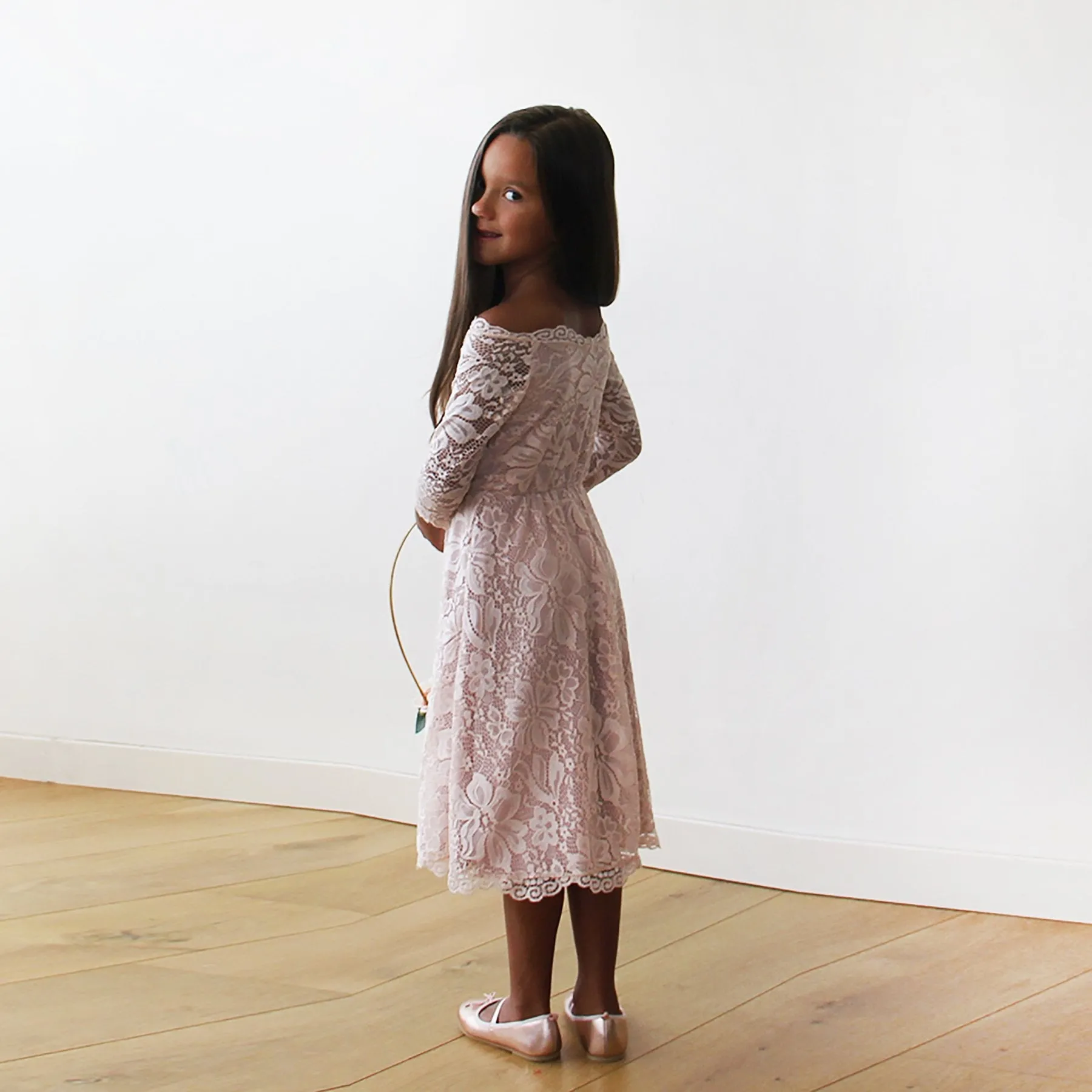 Off-The-Shoulder Pink Lace Midi Girls Dress #5042