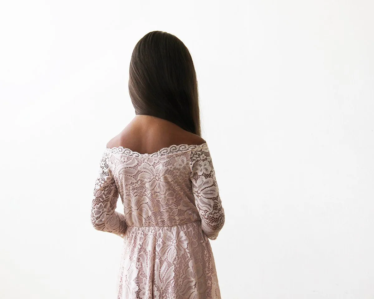 Off-The-Shoulder Pink Lace Midi Girls Dress #5042