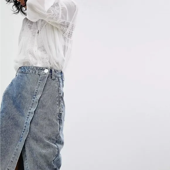 One Teaspoon FESTIVAL Mid Length Denim Skirt Sz XS Gray 4 Pockets Closing Zip