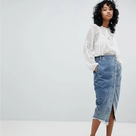 One Teaspoon FESTIVAL Mid Length Denim Skirt Sz XS Gray 4 Pockets Closing Zip
