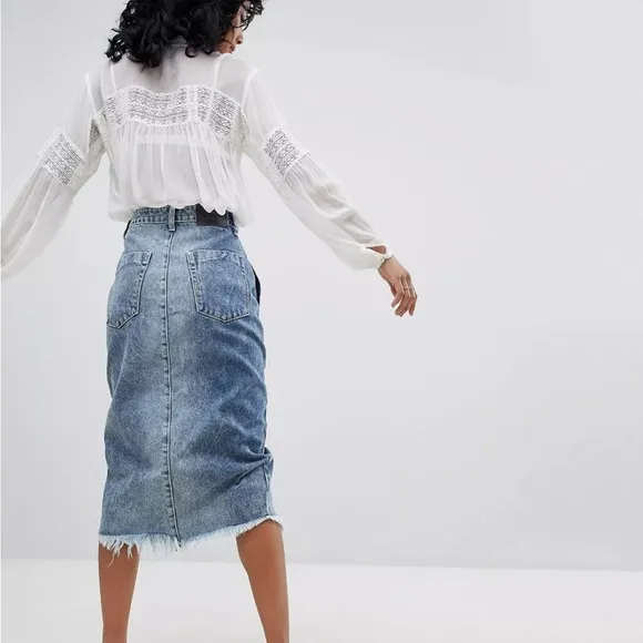 One Teaspoon FESTIVAL Mid Length Denim Skirt Sz XS Gray 4 Pockets Closing Zip