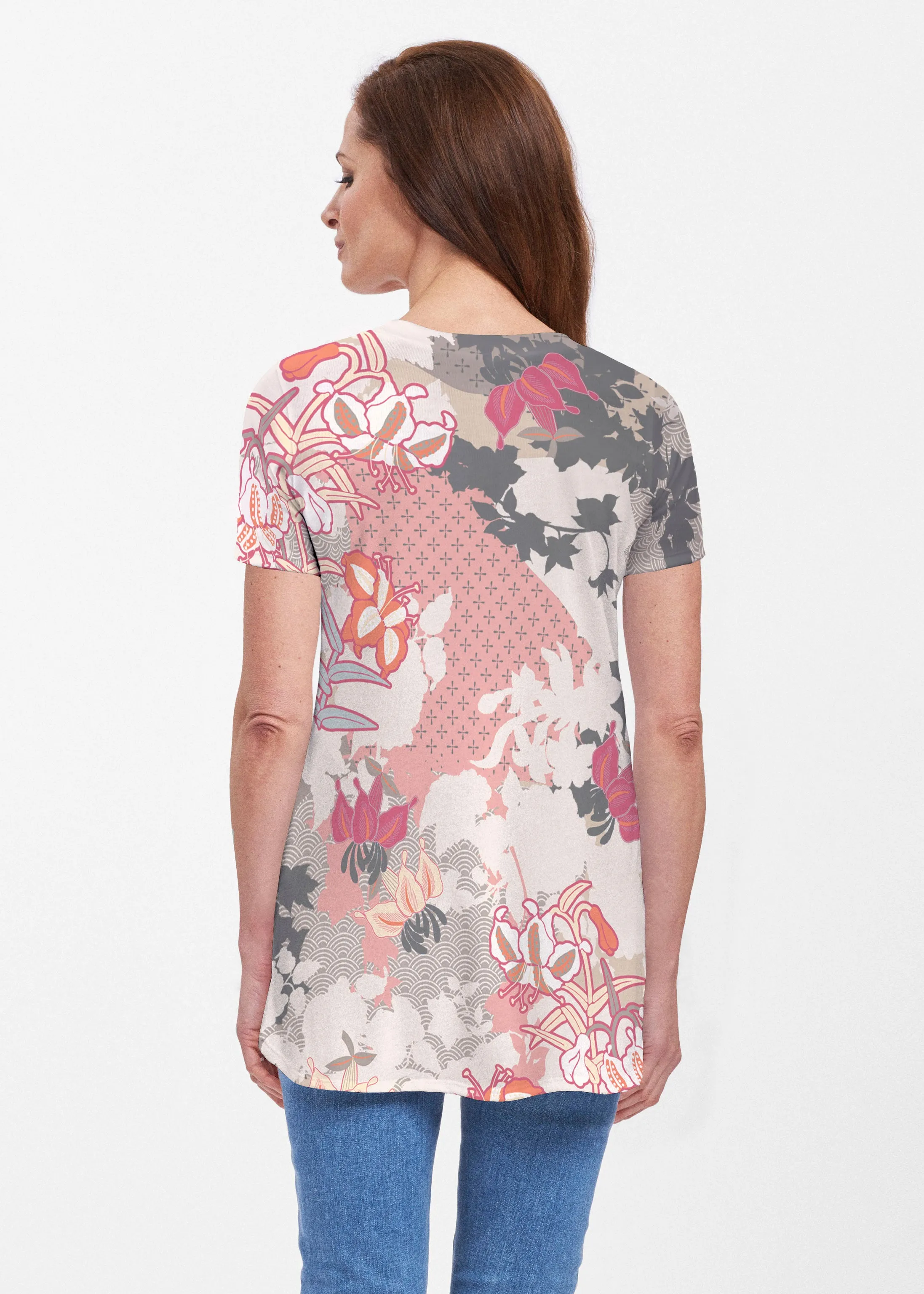 Oriental Floral Grey (7876) ~ Short Sleeve Butterknit tunic