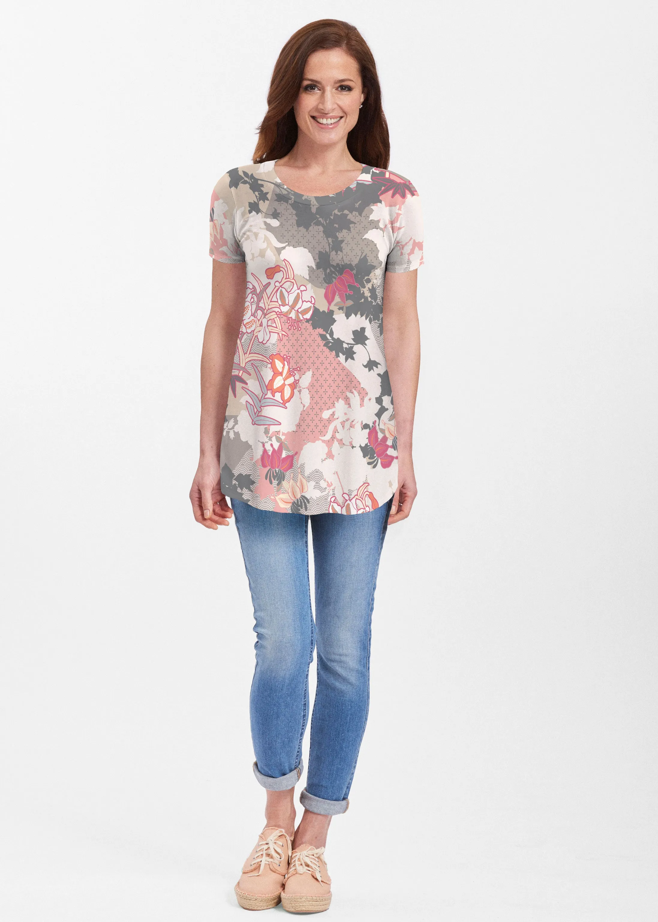 Oriental Floral Grey (7876) ~ Short Sleeve Butterknit tunic