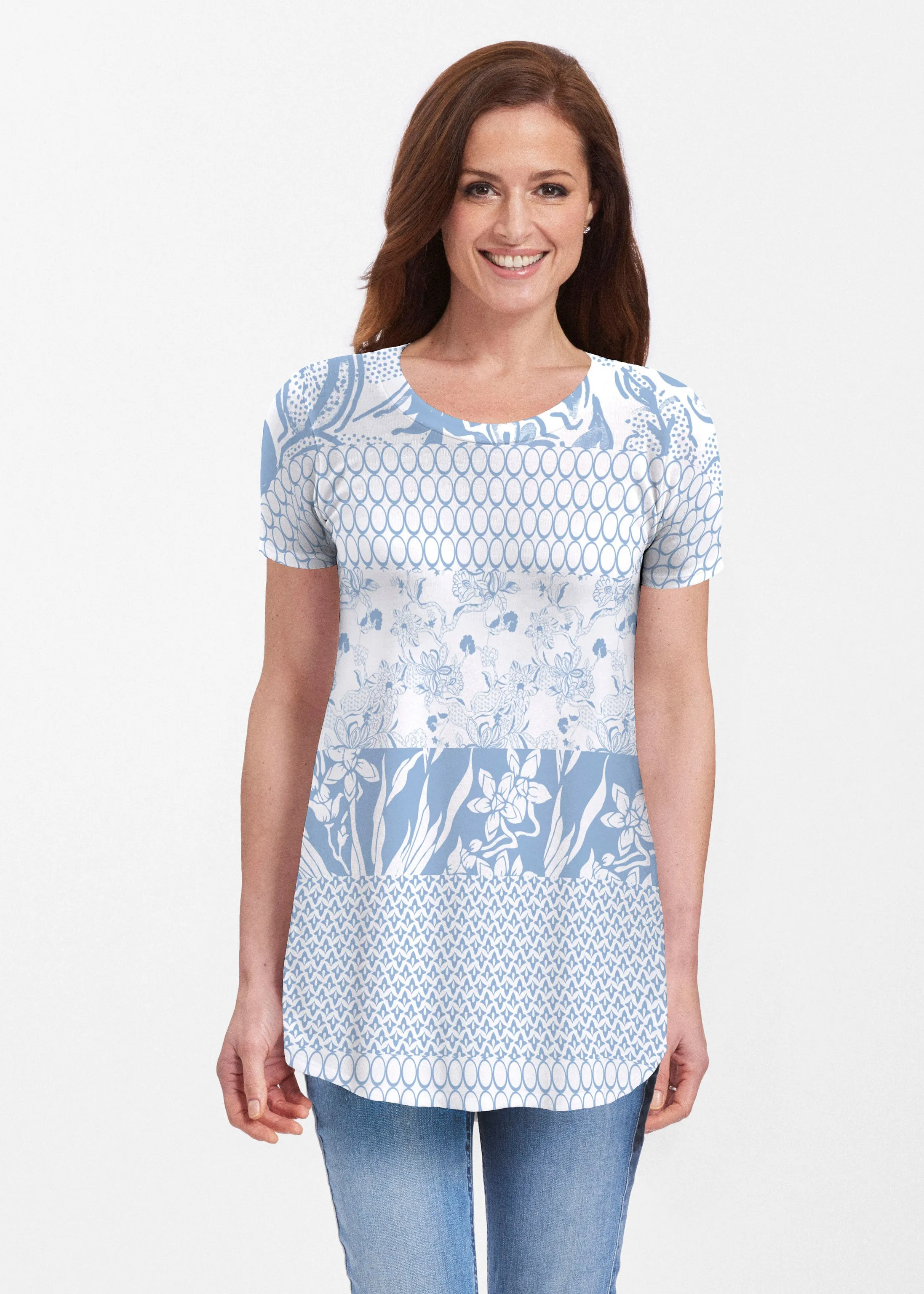 Patchwork Blue (7902) ~ Short Sleeve Butterknit tunic