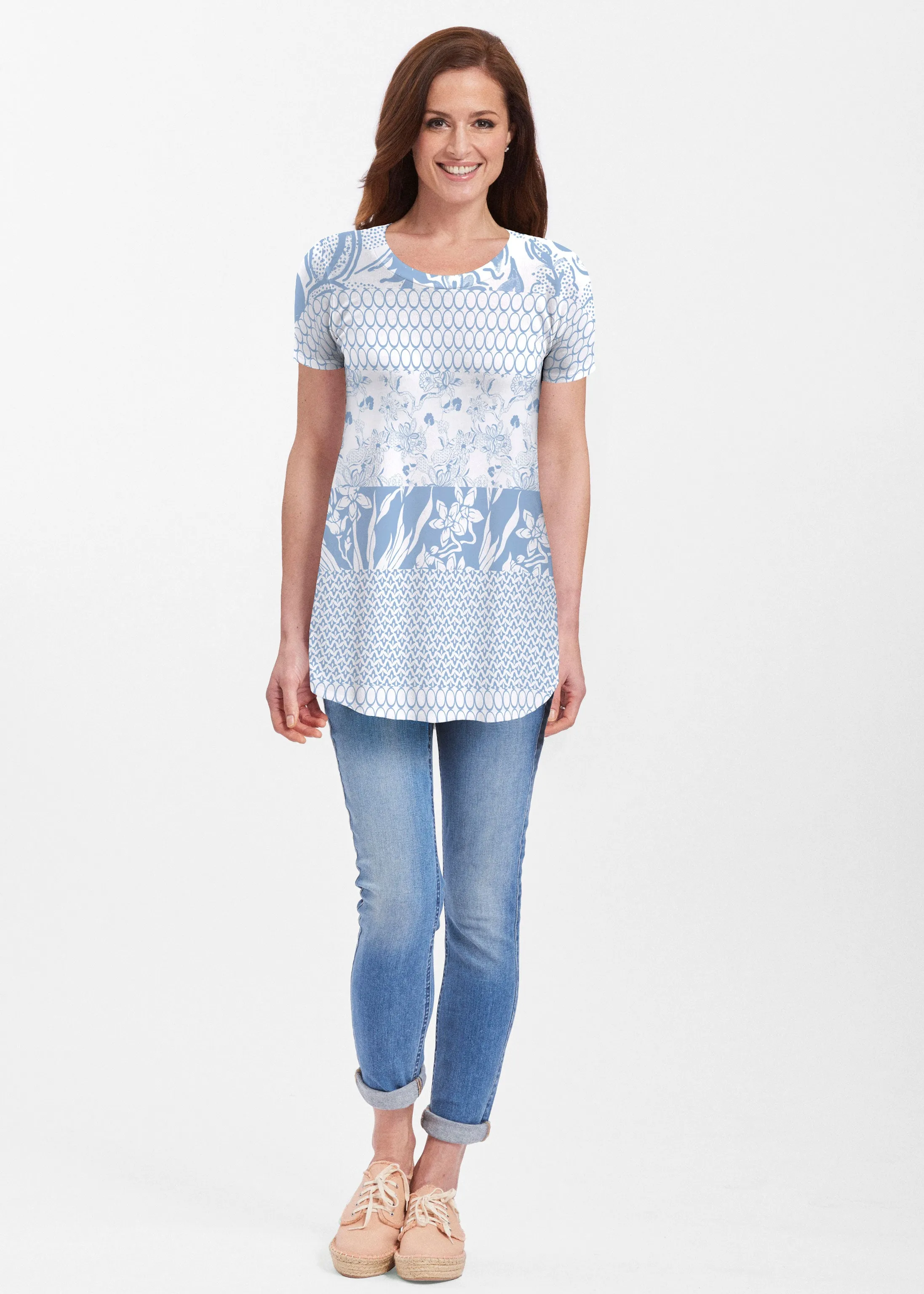 Patchwork Blue (7902) ~ Short Sleeve Butterknit tunic