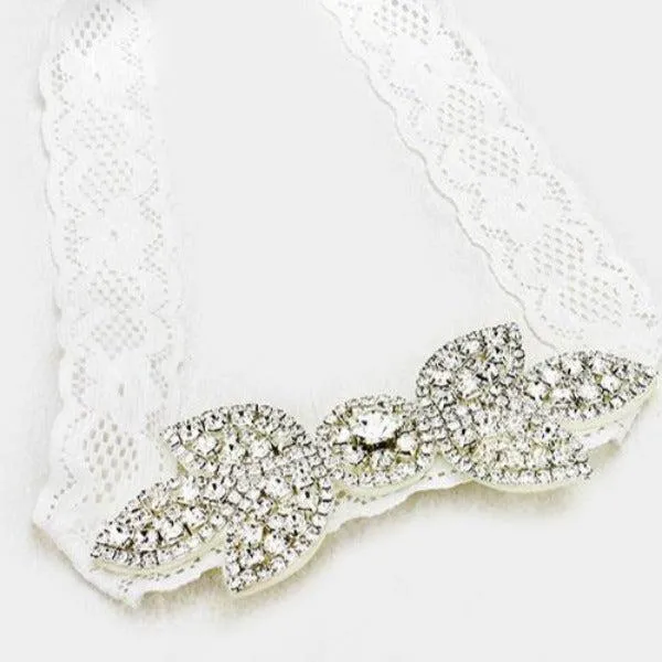 Pave Crystal Rhinestone Leaf Lace Stretch Wedding Garter